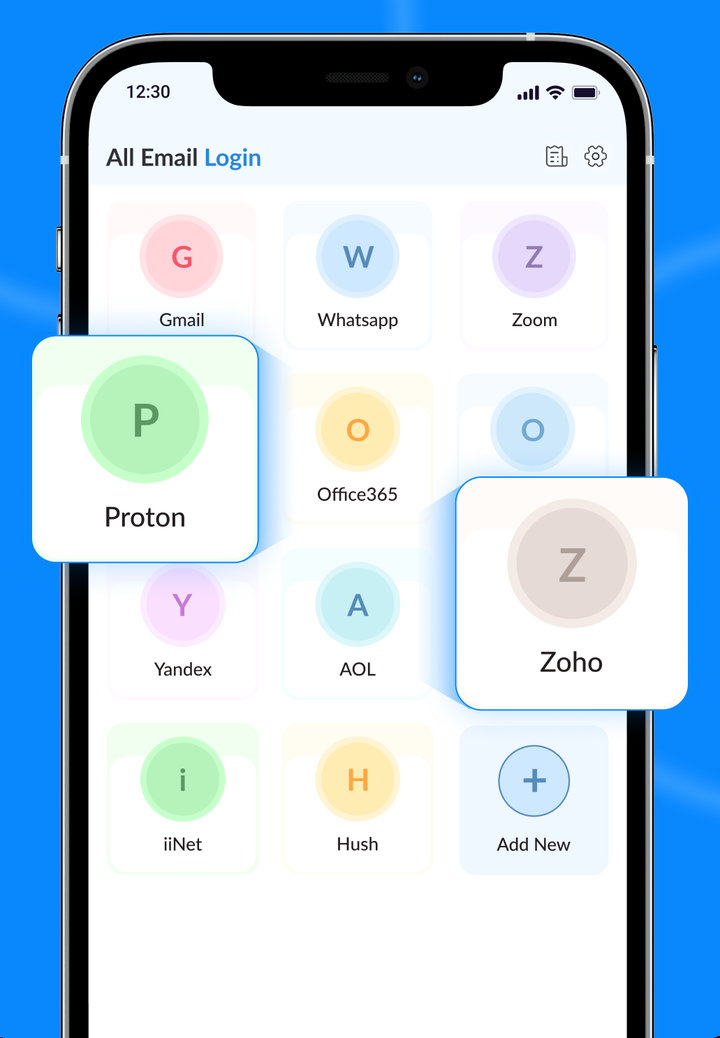 The All Email Login Access home screen, with Gmail, WhatsApp, Zoom, Proton, Office 365, Yandex, AOL, Zoho, iiNet and Hush side by side.