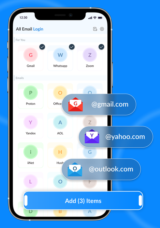 Adding several email accounts at once, with Gmail, WhatsApp and Zoom ticked.