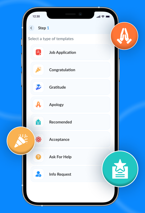 The template chooser, listing Job Application, Congratulation, Gratitude and Apology templates.