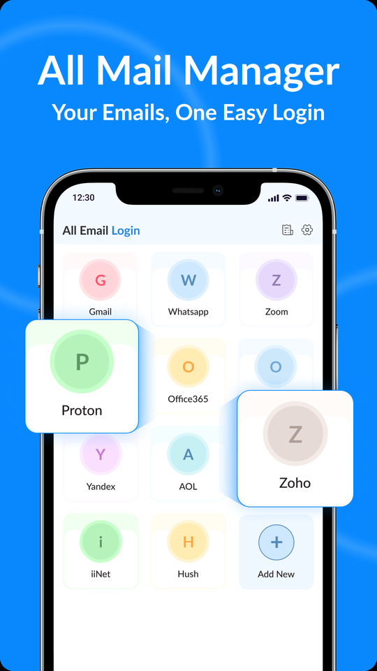 App home screen showing a grid of email and messenger providers: Gmail, WhatsApp, Zoom, Proton, Office 365, Yandex, AOL, Zoho, iiNet, Hush and an Add New tile.