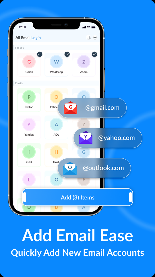 Account picker with Gmail, WhatsApp and Zoom ticked and an Add (3) Items button, alongside gmail.com, yahoo.com and outlook.com badges.