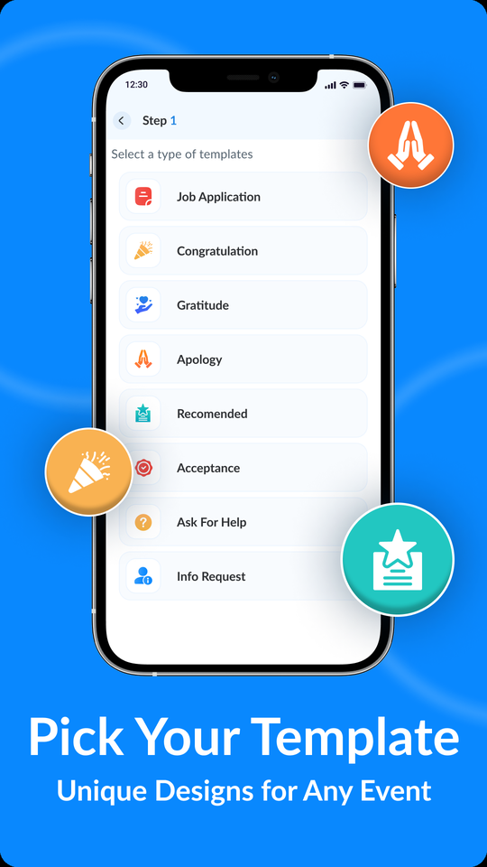 Template chooser listing Job Application, Congratulation, Gratitude, Apology, Recomended, Acceptance, Ask For Help and Info Request.