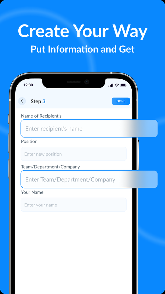 Step 3 form with fields for recipient name, position, team or company and your own name.