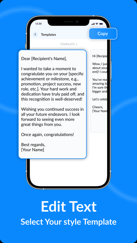 Finished congratulation email template shown with a Copy button.